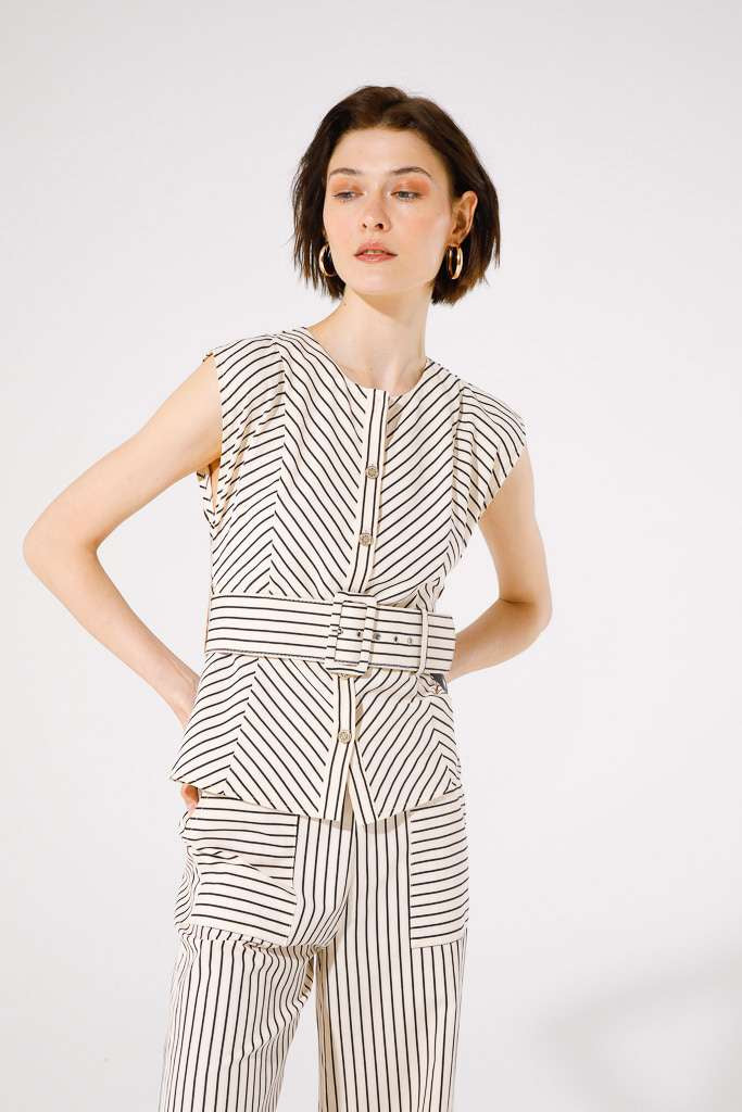 Jambo Belted Top (Beige/Black Stripe)