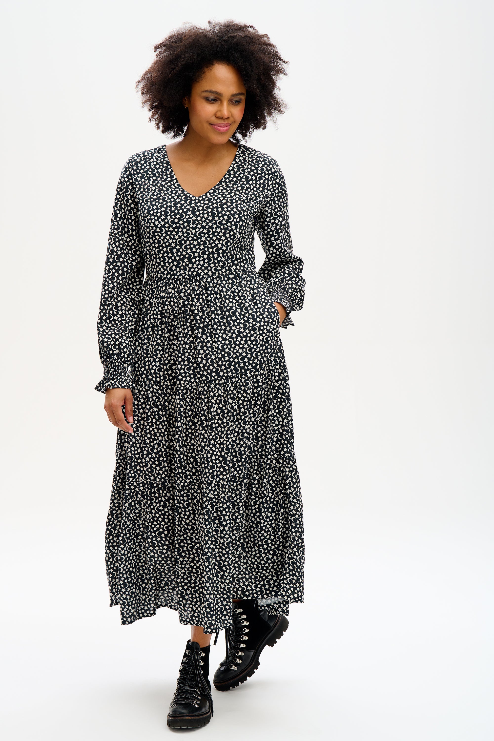 Nola Tiered Maxi Dress - Monochrome Moons & Stars