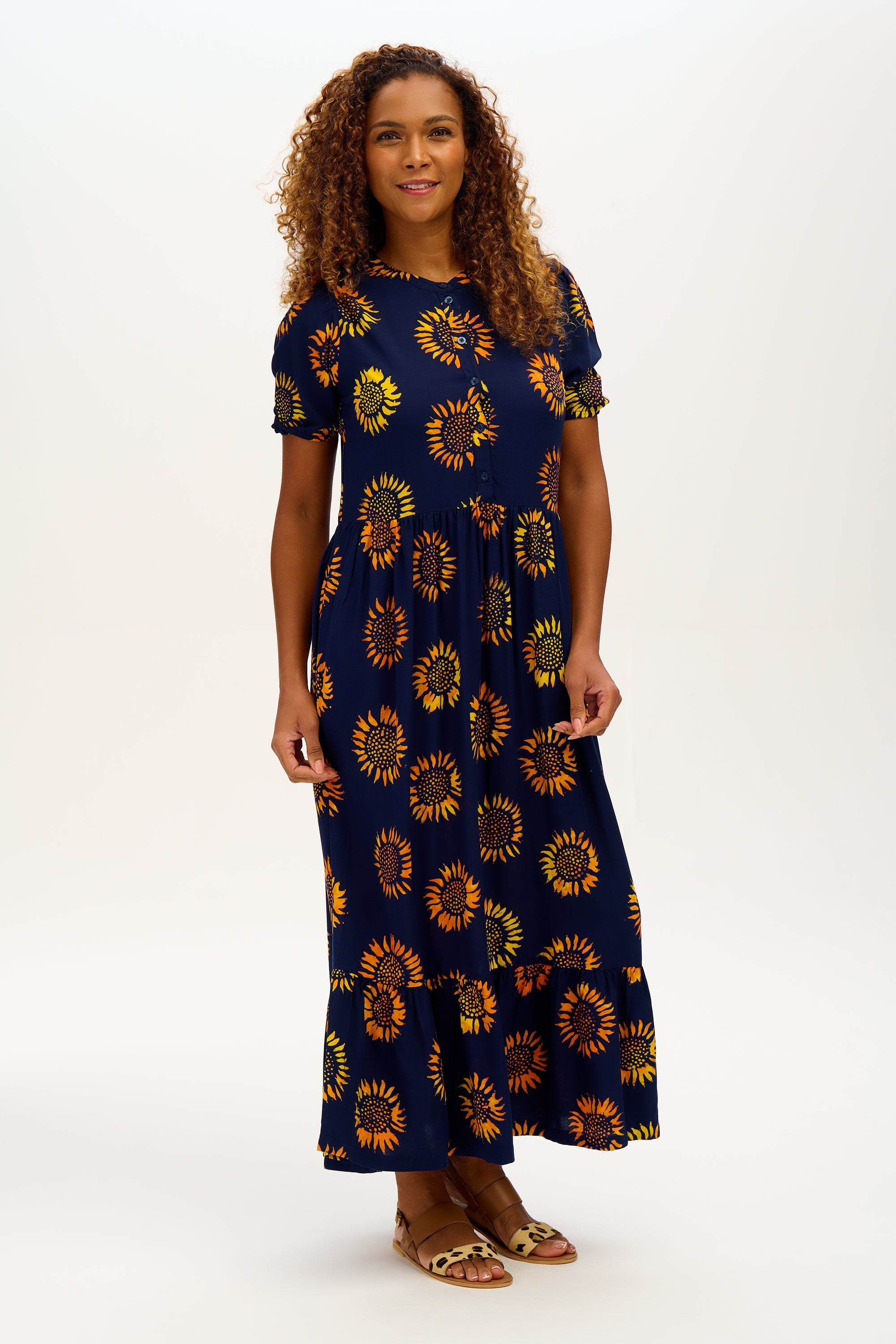 Tammy Batik Maxi Smock Dress - Navy, Sunflowers