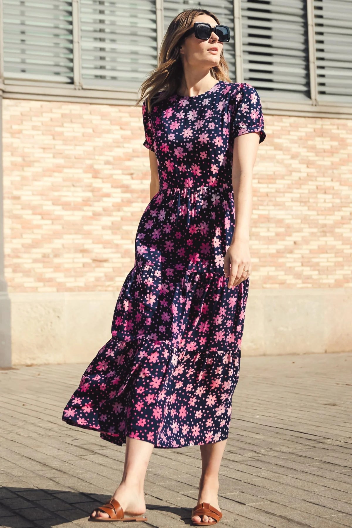 The Portia Batik Maxi Tiered Dress (Navy/Pink, Flower Power)