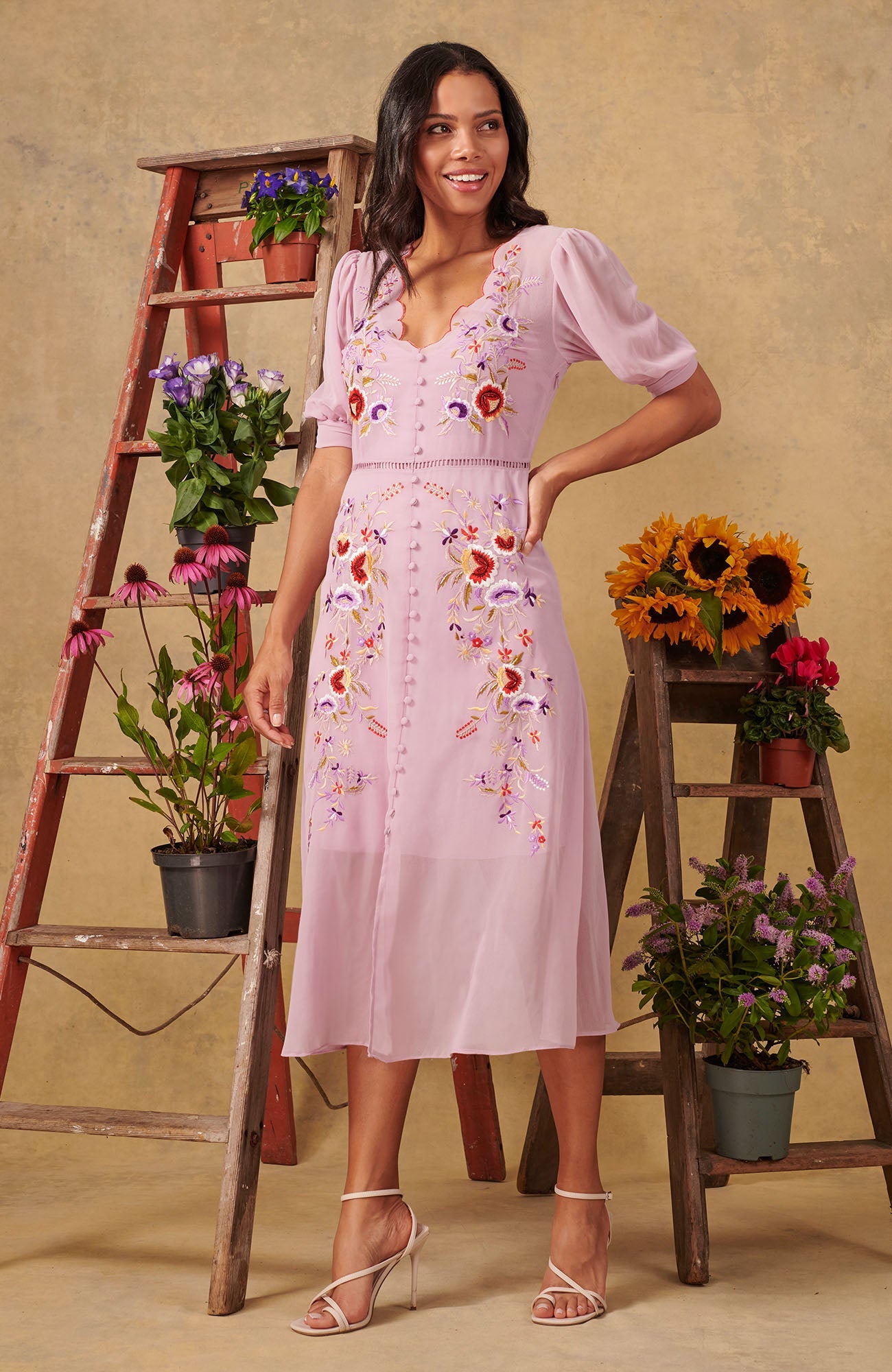 Mila Floral Embroidered Tea Dress (Lilac)