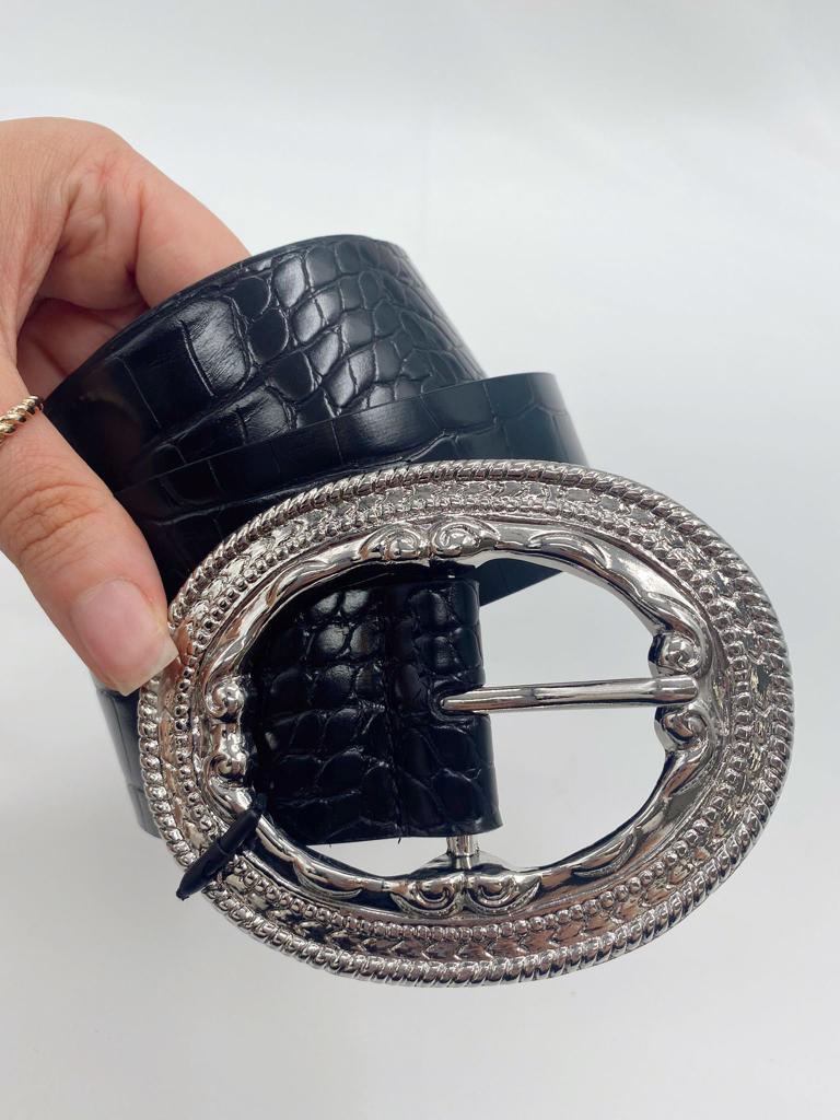 Clara Croc Effect Belt (Black)