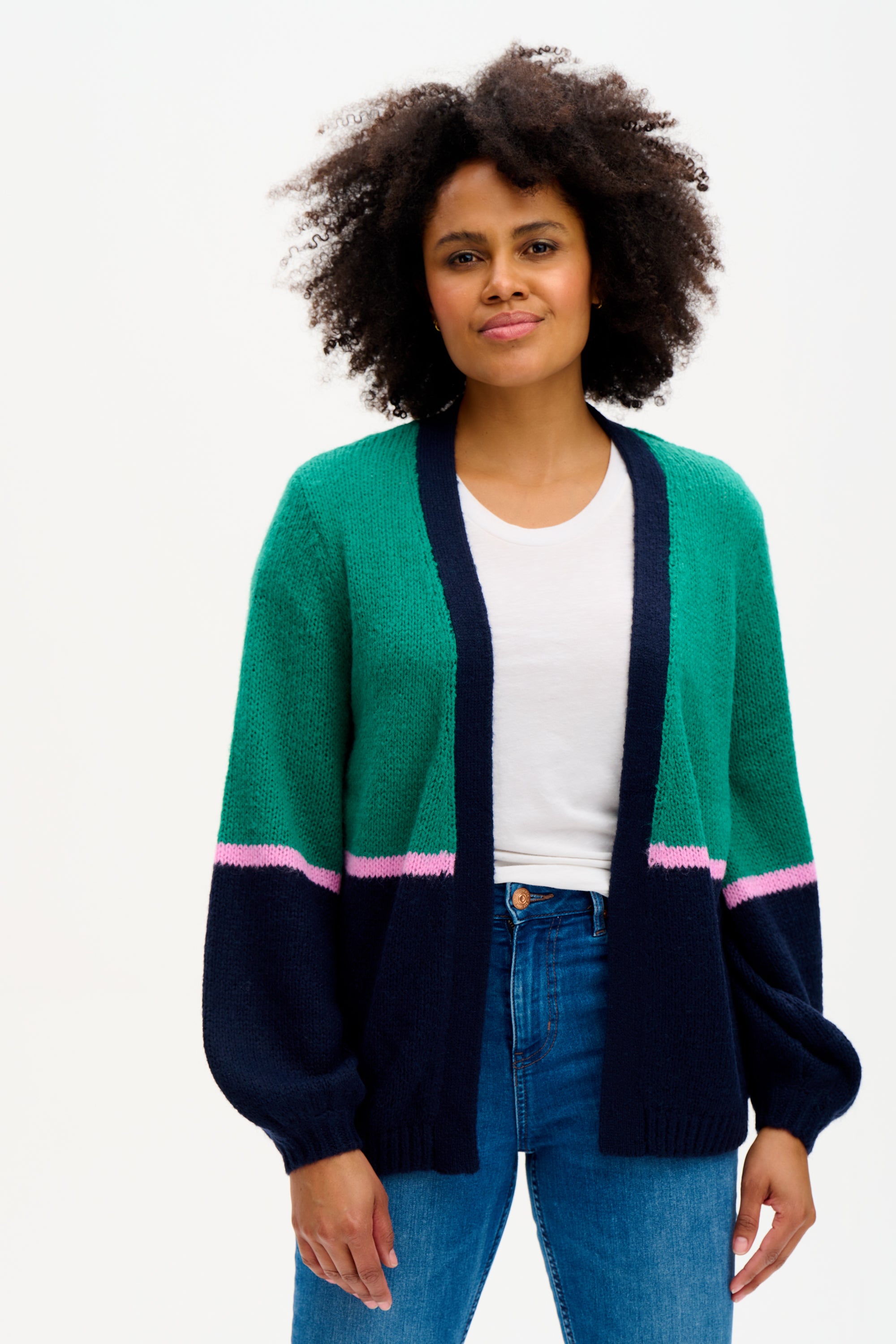 Yvette Cardigan - Green, Block Colour Stripes