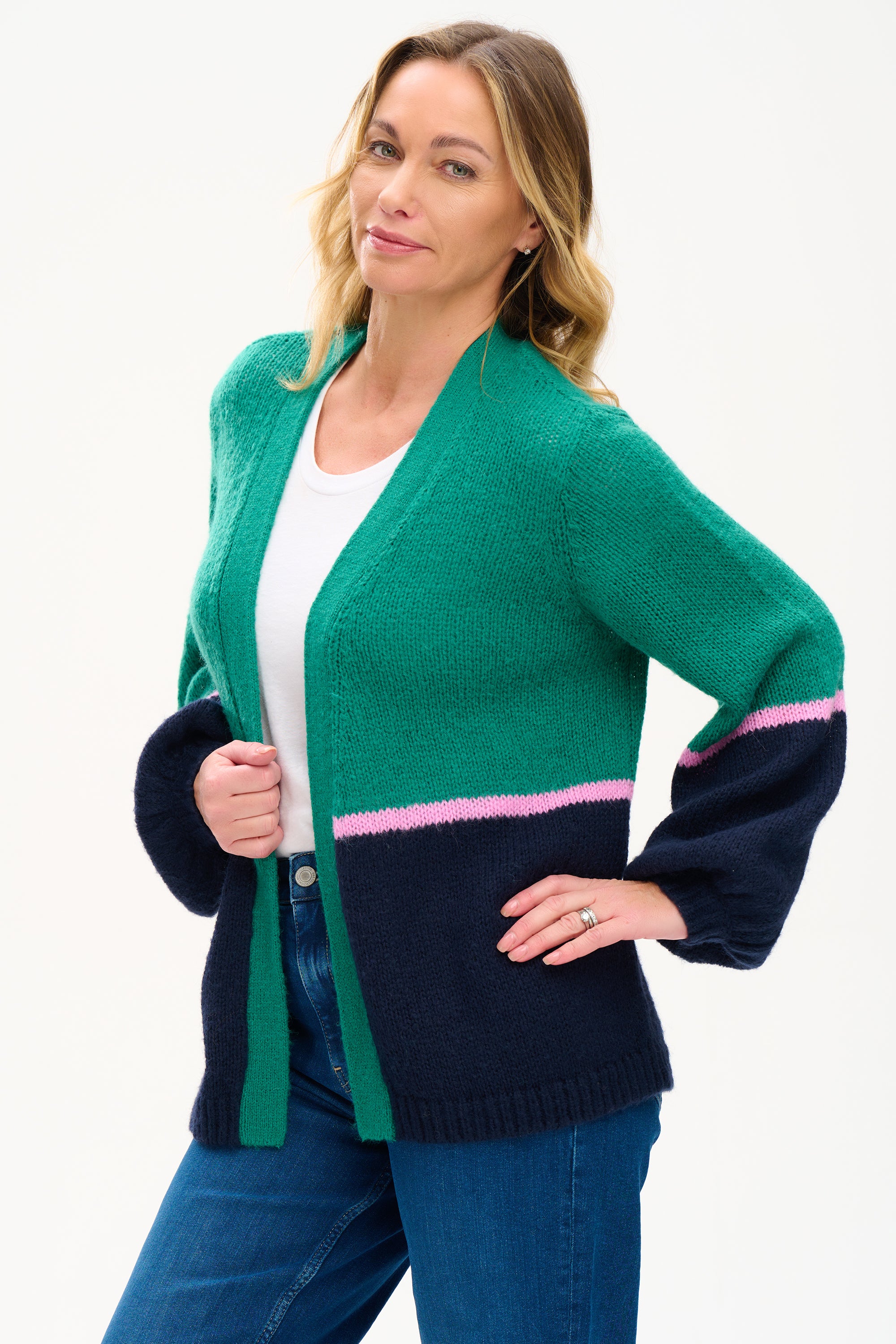 Yvette Cardigan - Green, Block Colour Stripes