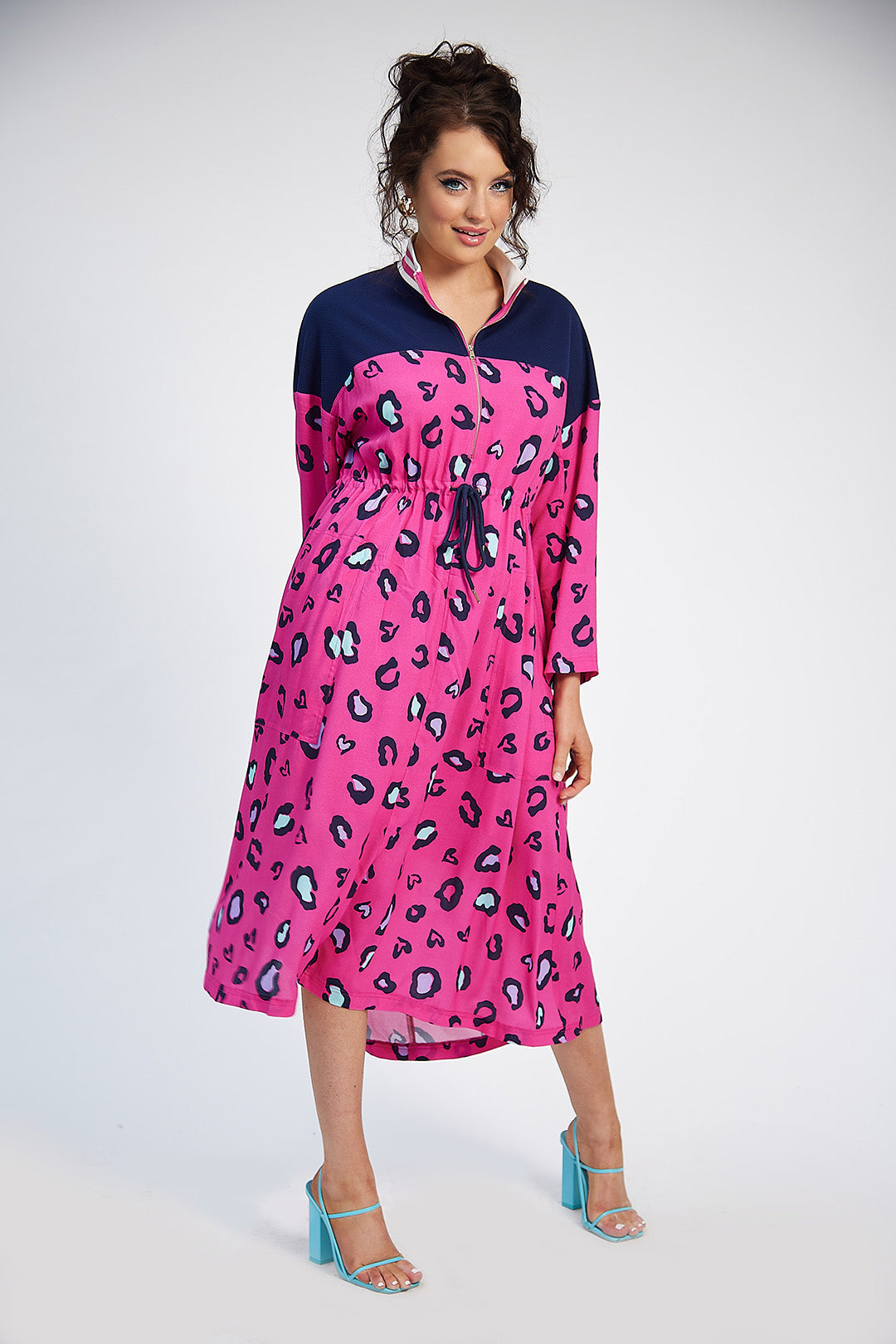 Katie Drawstring Dress (Pink Print/Navy)