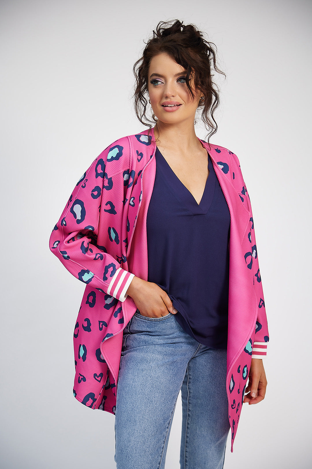 Sonia Batwing Jacket (Pink Print/Navy)