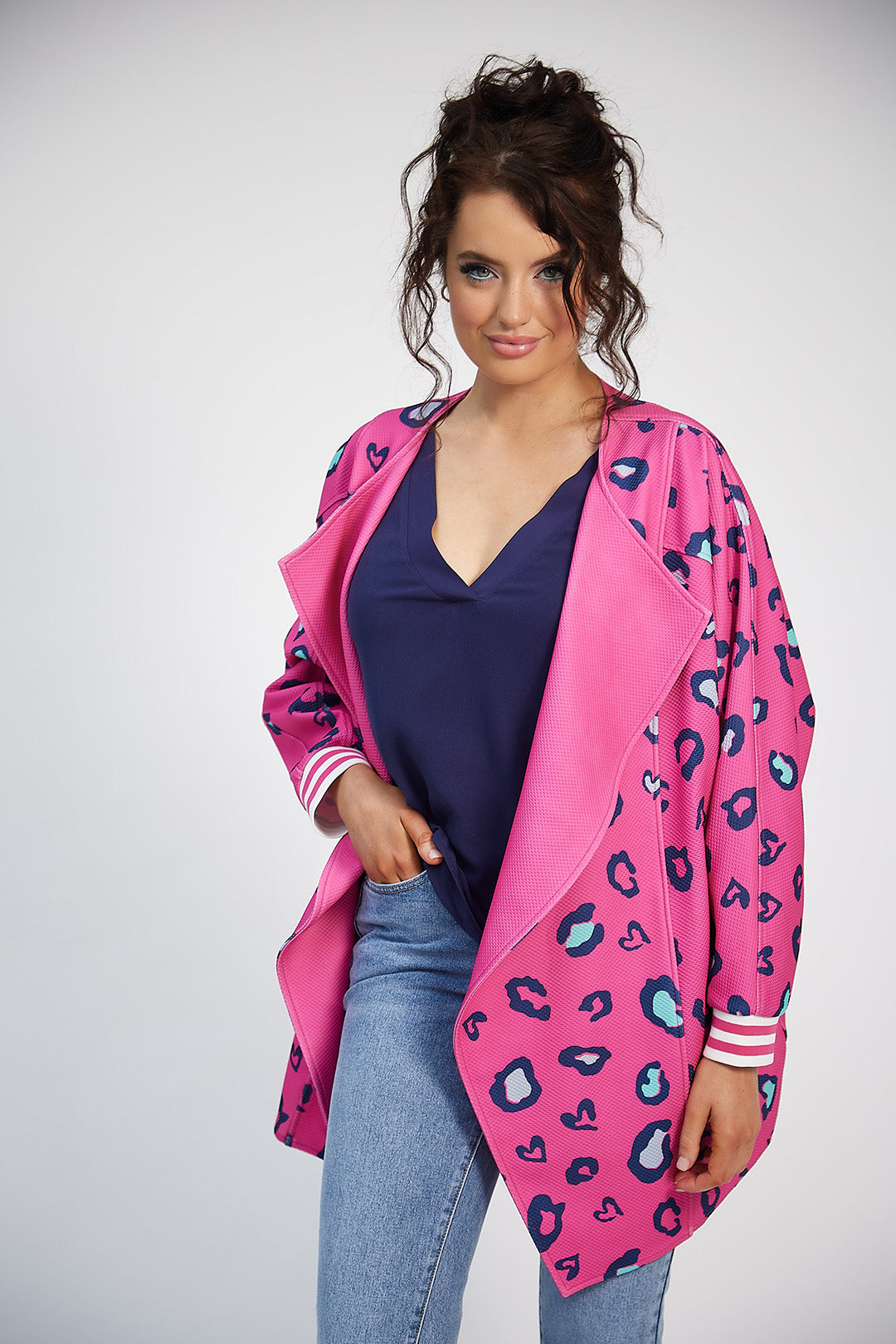 Sonia Batwing Jacket (Pink Print/Navy)