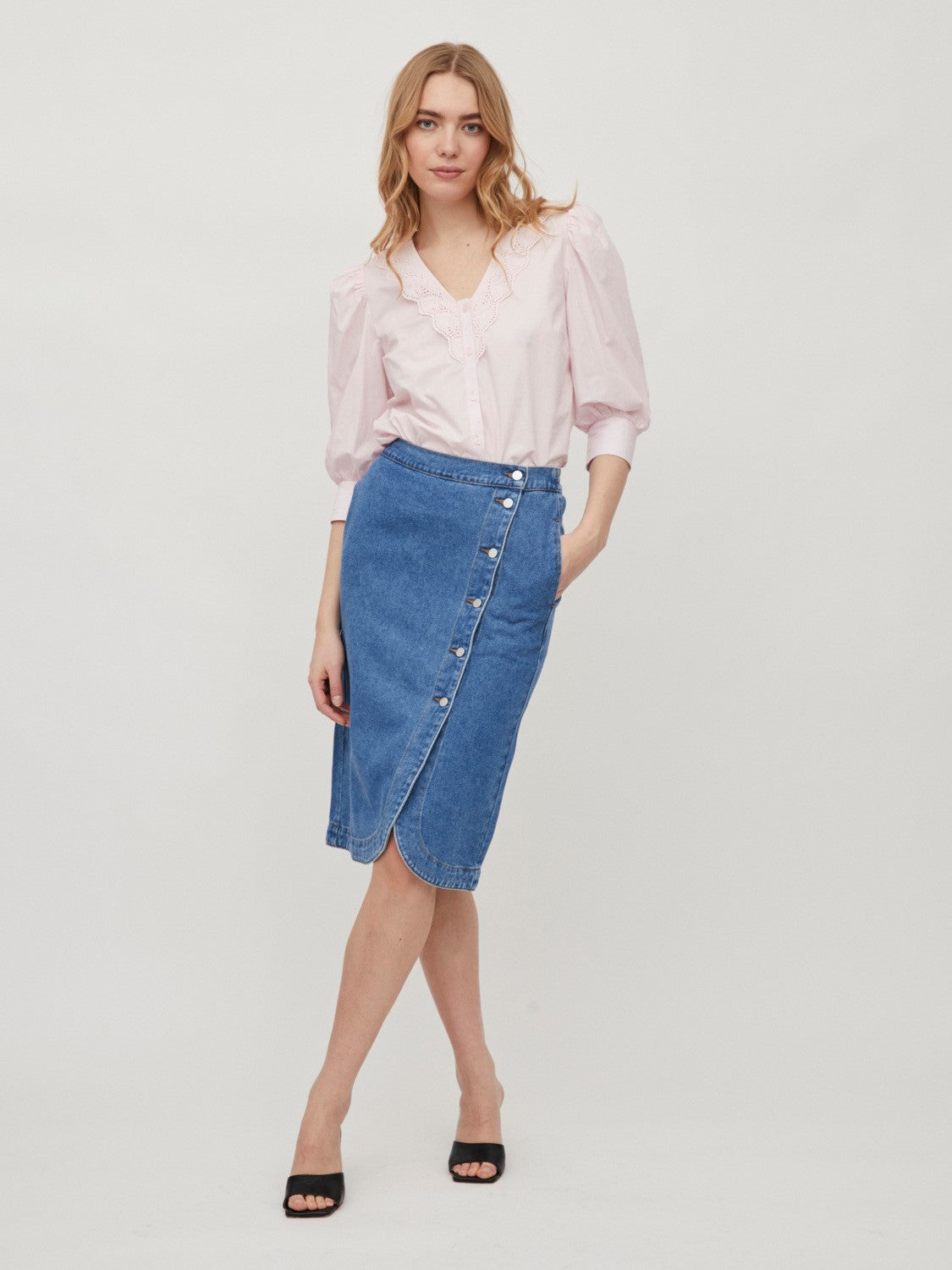 Button Detail Denim Skirt 