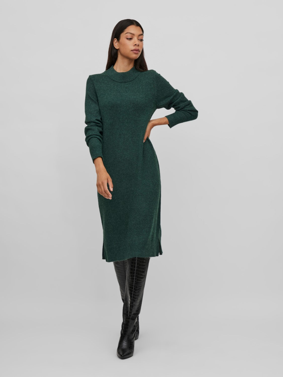 Veronica Crew Neck Midi Dress (Pineneedle/Dark Melange)