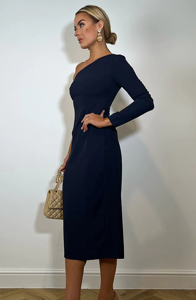 WINONA ONE SLEEVE MIDI DRESS (NAVY)